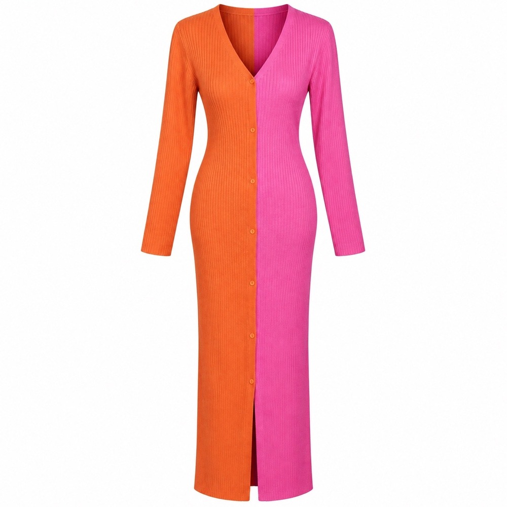 Strut & Bolt Maxi Cardigan Dress M Pink Orange Colorblock Ribbed Dopamine